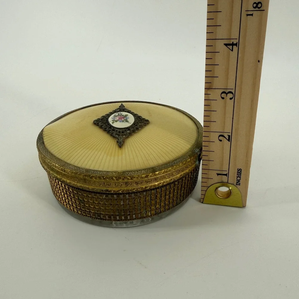 Vintage Ormolu Vanity Powder Jar Amber Lucite Lid Rose Cabochon Glass Box